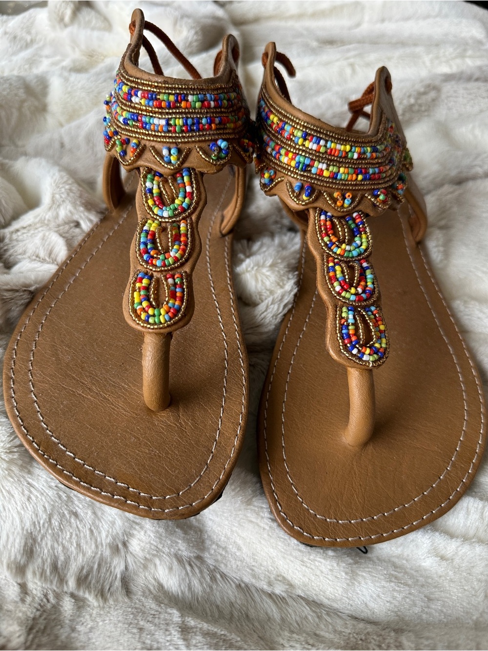 Beaded Brown T-Strap Sandals - Women - Picture 2 of 10